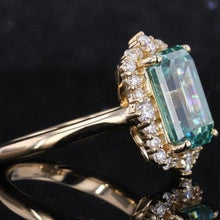 Load image into Gallery viewer, 3Ct Green Moissanite Engagement Ring, Solitaire Emerald Radiant Cut Moissanite Engagement Ring, Moissanite Halo Engagement Gold Ring