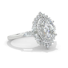 Load image into Gallery viewer, 2Ct Oval Moissanite Double Halo Engagement Ring, Oval Shape Moissanite Engagement Ring, Marquee Side Accents Stones 14K White Gold