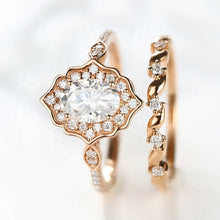 Load image into Gallery viewer, Vintage Oval Shaped Moissanite Engagement Ring 14K Flower Rose Gold Ring Set for Women. Vintage Oval Halo Gold Ring Set