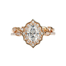 Load image into Gallery viewer, Vintage Oval Shaped Moissanite Engagement Ring 14K Flower Rose Gold Ring Set for Women. Vintage Oval Halo Gold Ring Set