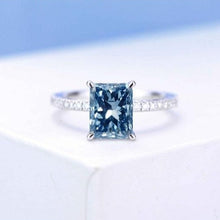Load image into Gallery viewer, 3Ct Blue Moissanite Engagement Ring, Solitaire Radiant Cut Moissanite Engagement Ring, Moissanite Pave Accents Stones Hidden Halo Ring