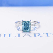 Load image into Gallery viewer, 3Ct Blue Moissanite Engagement Ring, Solitaire Radiant Cut Moissanite Engagement Ring, Moissanite Pave Accents Stones Hidden Halo Ring