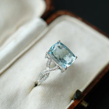 Load image into Gallery viewer, 3Ct Cushion Aquamarine ring, Aquamarine solitaire ring, natural aquamarine ring, genuine aquamarine cushion cut vintage ring