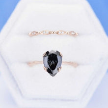 Load image into Gallery viewer, 3 Carat Pear Dark Grey -Blue, Gray Moissanite 14K Rose Gold Engagement. Eternity Ring. Set of Two Rings. Leaf Floral Ring Design