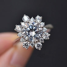 Load image into Gallery viewer, Snowflake Moissanite Ring/2.0ct Round Cut Moissanite Halo Ring/Solid 14K White Gold Ring/Art Deco Engagement Ring / Wedding Ring