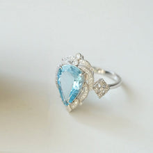 Load image into Gallery viewer, 5Ct Pear cut Halo Aquamarine ring, Aquamarine solitaire ring, natural aquamarine ring, genuine aquamarine teardrop cut vintage ring