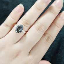 Load image into Gallery viewer, 14K Solid Gold Ring. 3CT Oval Dark Gray Blue Moissanite Wedding Ring. Three Stone Moissanite Engagement Ring .Anniversary Ring. Promise Ring