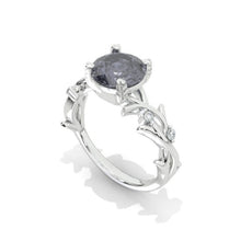 Load image into Gallery viewer, 2ct Grey blue Moissanite engagement ring rose gold round shaped ring Vintage art deco ring unique bridal ring anniversary leaf promise ring