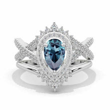 Load image into Gallery viewer, 14K Solid Gold Ring 1.5CT Pear Black Moissanite or Alexandrite Halo Engagement Ring. Vintage Anniversary Eternity Gold Ring Set.