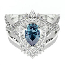 Load image into Gallery viewer, 14K Solid Gold Ring 1.5CT Pear Black Moissanite or Alexandrite Halo Engagement Ring. Vintage Anniversary Eternity Gold Ring Set.