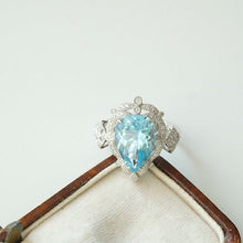 Load image into Gallery viewer, 5Ct Pear cut Halo Aquamarine ring, Aquamarine solitaire ring, natural aquamarine ring, genuine aquamarine teardrop cut vintage ring