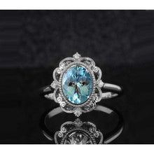 Load image into Gallery viewer, Vintage Aquamarine Engagement Ring Rose Gold wedding Ring 2ct Antique Oval cut Bridal ring Art deco Halo Ring Milgrain Anniversary ring