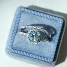 Load image into Gallery viewer, Round Halo Aquamarine ring set, Aquamarine Halo ring, natural aquamarine ring, genuine aquamarine round cut vintage ring set