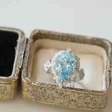 Load image into Gallery viewer, 5Ct Pear cut Halo Aquamarine ring, Aquamarine solitaire ring, natural aquamarine ring, genuine aquamarine teardrop cut vintage ring