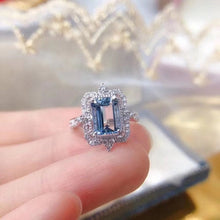Load image into Gallery viewer, 3Ct Emerald cut Halo Aquamarine ring, Aquamarine solitaire ring, natural aquamarine ring, genuine aquamarine emerald cut vintage ring