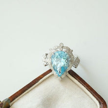 Load image into Gallery viewer, 5Ct Pear cut Halo Aquamarine ring, Aquamarine solitaire ring, natural aquamarine ring, genuine aquamarine teardrop cut vintage ring