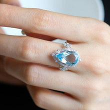 Load image into Gallery viewer, 5Ct Pear cut Halo Aquamarine ring, Aquamarine solitaire ring, natural aquamarine ring, genuine aquamarine teardrop cut vintage ring