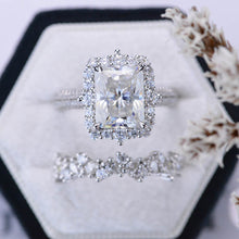Load image into Gallery viewer, 3Ct Moissanite Engagement Ring Halo Radiant Cut Moissanite Engagement Ring, 9x7mm Radiant Cut Moissanite Engagement Ring with Eternity band