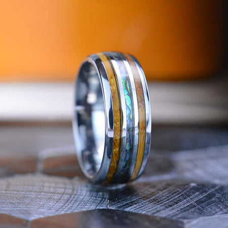 Abalone & Whiskey Barrel Wood Ring Mens Wedding Band Tungsten Ring