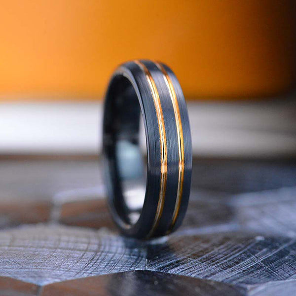 Brushed  Black and Yellow Gold Color Tungsten Band