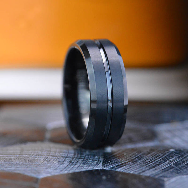 Classic Men Black Stainless Steel 8mm Polished Matte Brushed Finish Center Wedding Band Ring