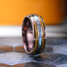 Load image into Gallery viewer, Abalone Shell &amp; Whiskey Barrel Wood Ring, Men's Wedding Copper Color Tungsten Ring - Wooden Ring, Unique Men's Ring.
