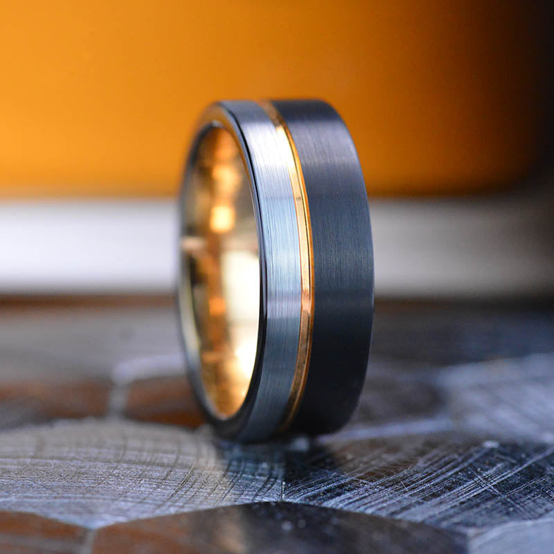 Tungsten Ring Black and Silver Brushed with Rose Gold Accent, Men's Ring, Men's Wedding Band, Dual color Mens band, Birthday Gift