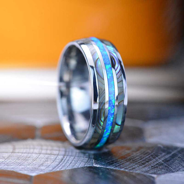 Genuine Australian Blue Fire Opal with Abalone Shell Tungsten Ring For Him For Her