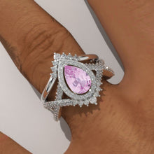 Load image into Gallery viewer, 14K White Gold 1.5 Carat Pear Pink Sapphire Halo Twisted Engagement Ring Eternity Ring Set
