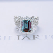 Load image into Gallery viewer, 3Ct Alexandrite Engagement Ring Halo Emerald Cut Alexandrite Engagement Ring, 9x7mm Step Cut Alexandrite Engagement Ring with Eternity Band

