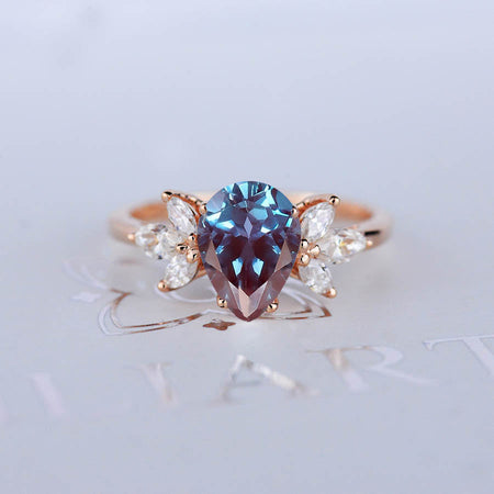 3 Carat Pear Shaped Alexandrite Engagement Ring. Vintage Unique Marquise Cut Cluster Engagement Ring