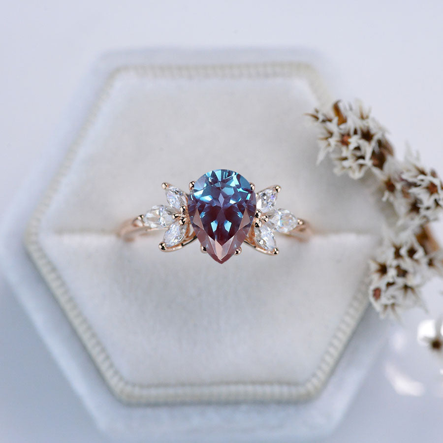 3 Carat Pear Shaped Alexandrite Engagement Ring. Vintage Unique Marquise Cut Cluster Engagement Ring