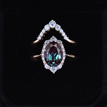 Load image into Gallery viewer, 3 Carat Oval Alexandrite Halo Engagement Ring, Promise Ring For Her,  Alexandrite Wedding Ring, 14K Gold Oval Alexandrite Engagement Ring Set
