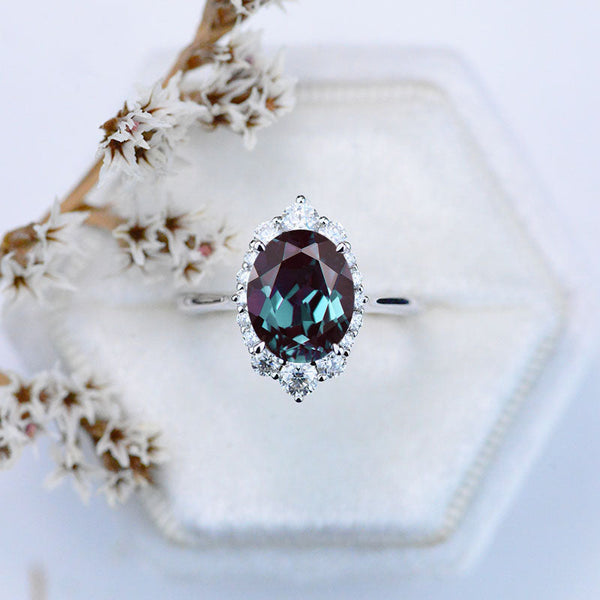 14K White Gold 3 Carat Oval Alexandrite Halo Engagement Ring