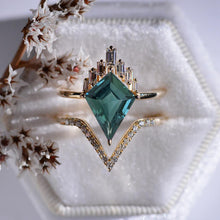 Load image into Gallery viewer, 14K Gold 4 Carat Kite Teal Sapphire Halo Engagement Ring, Eternity Ring Set
