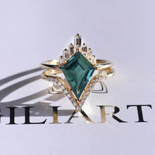 Load image into Gallery viewer, 14K Gold 4 Carat Kite Teal Sapphire Halo Engagement Ring, Eternity Ring Set
