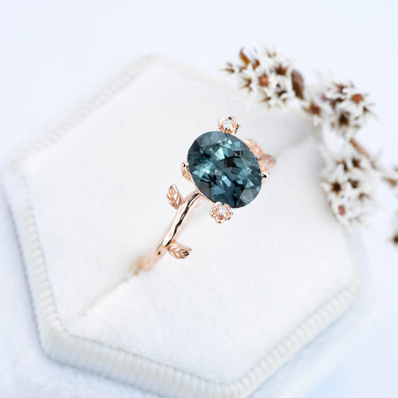 14K Rose Gold Dainty Oval Teal Sapphire Floral Ring