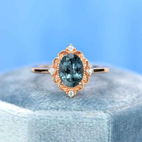 14K Rose Gold 1.5 Carat Oval Teal Sapphire Halo Engagement Ring