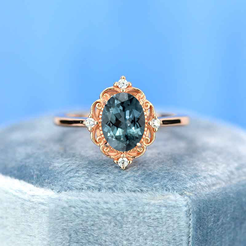 14K Rose Gold 1.5 Carat Oval Teal Sapphire Halo Engagement Ring