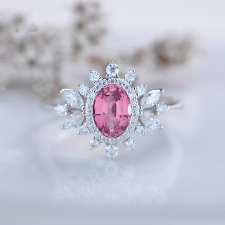14K White Gold 1.5 Carat Oval Pink Sapphire Snowflake Halo Engagement Ring
