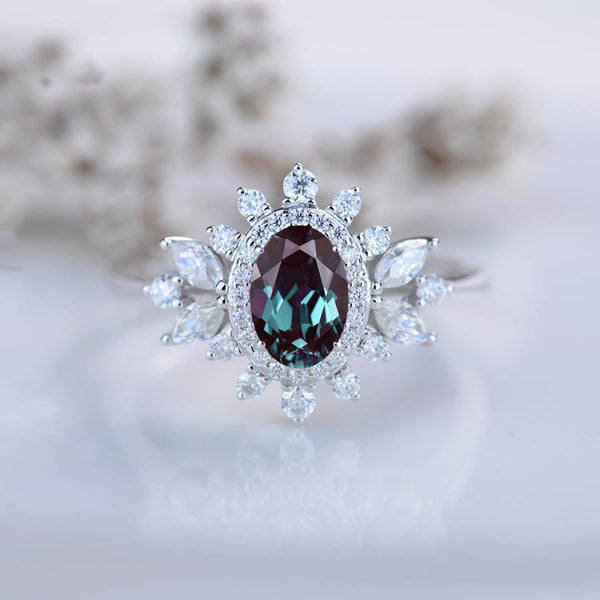 14K White Gold 1.5 Carat Oval Alexandrite  Snowflake Halo Engagement Ring