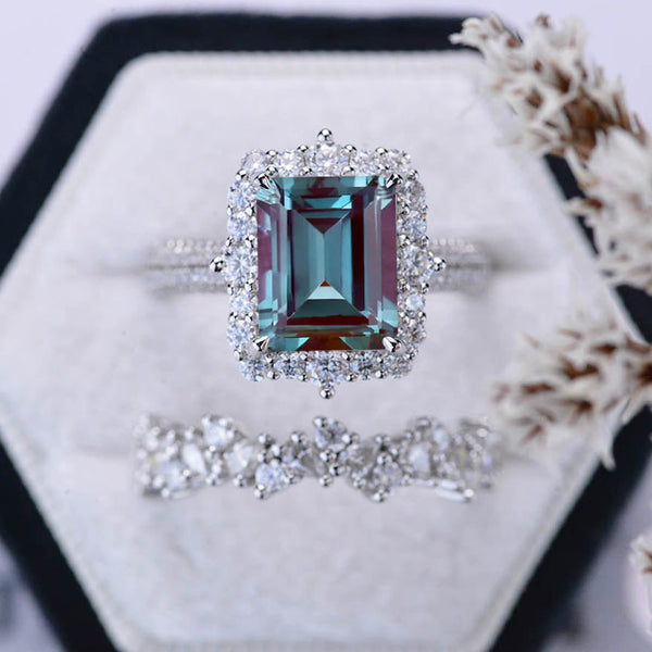 3Ct Alexandrite Engagement Ring Halo Emerald Cut Alexandrite Engagement Ring, 9x7mm Step Cut Alexandrite Engagement Ring with Eternity Band