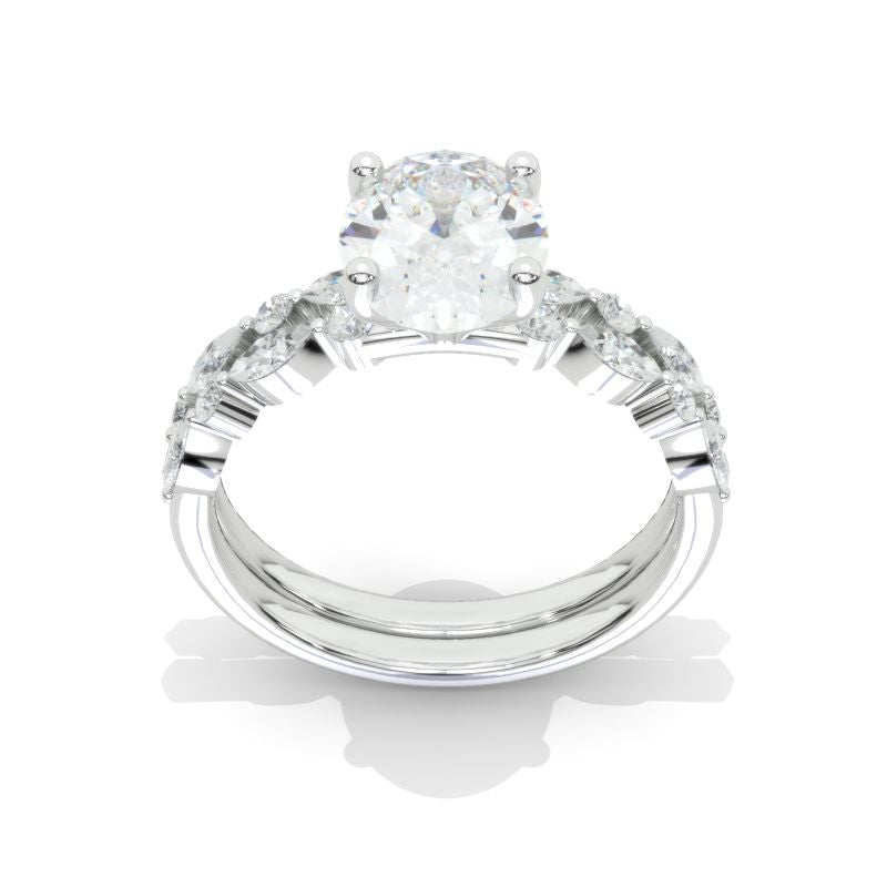 14K White Gold 2 Carat Oval Moissanite Vintage Engagement Ring, Eternity Ring Set