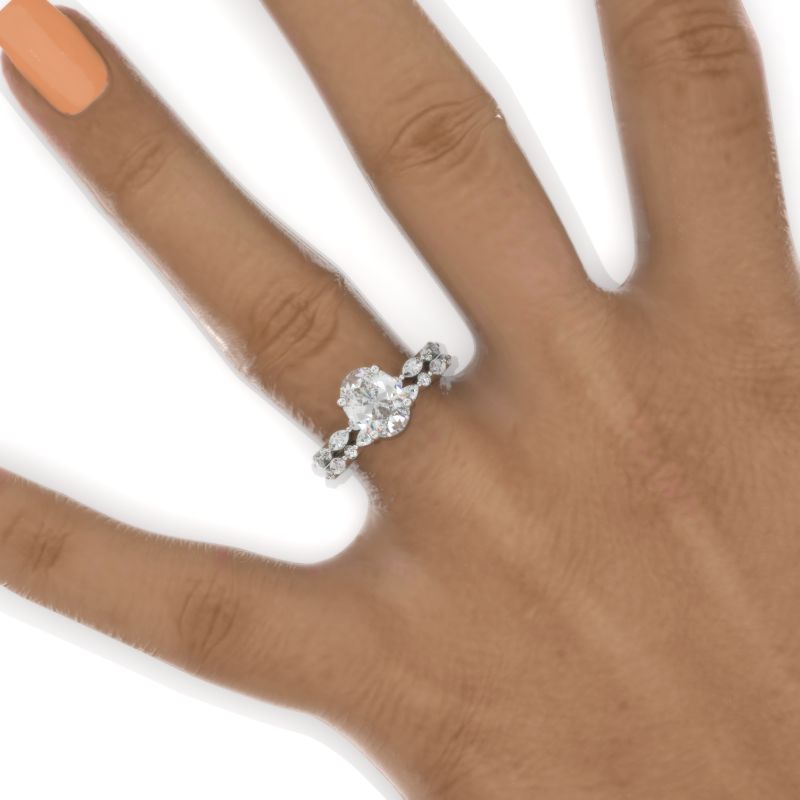14K White Gold 2 Carat Oval Moissanite Vintage Engagement Ring, Eternity Ring Set