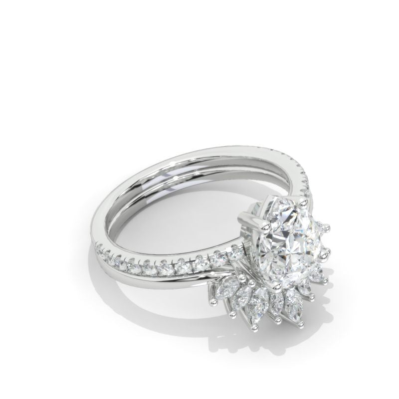 14K White Gold 2 Carat Pear Moissanite Halo Engagement Ring Eternity Ring Set