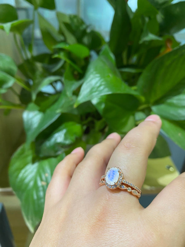 Rose Gold Plated Silver Dainty Natural Moonstone Ring Set, 2ct Oval Cut Moonstone Vintage Ring Set, Rose Gold Ring Unique Curved  Ring