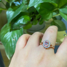 Load image into Gallery viewer, Rose Gold Plated Silver Dainty Pink Sapphire Ring, 1.5ct Oval Cut Vintage Rose Sapphire Ring , Rose Gold Floral Unique Oval Halo Ring

