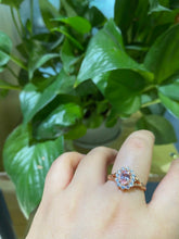 Load image into Gallery viewer, Rose Gold Plated Silver Dainty Pink Sapphire Ring, 1.5ct Oval Cut Vintage Rose Sapphire Ring , Rose Gold Floral Unique Oval Halo Ring
