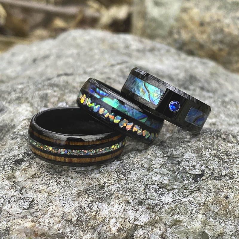 Natural Abalone Shell and Fire Opal Engagement Men's  Tungsten Carbide Ring