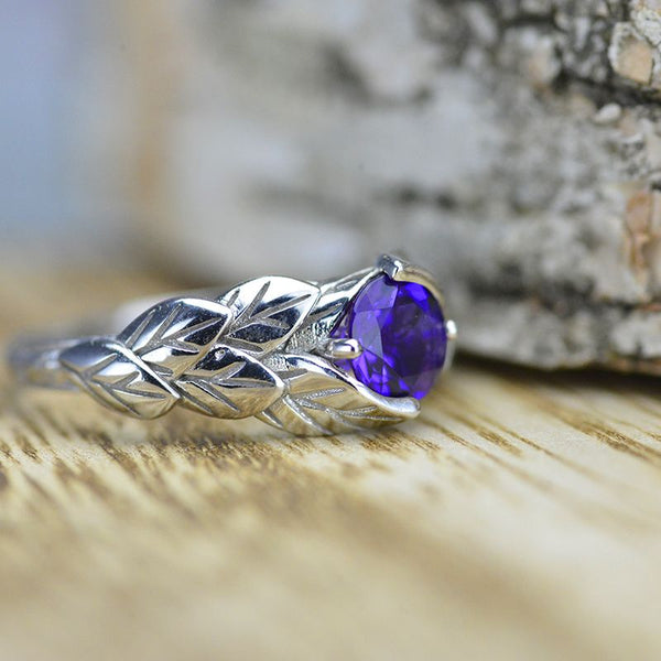 14K White Gold amethyst leaf engagement ring